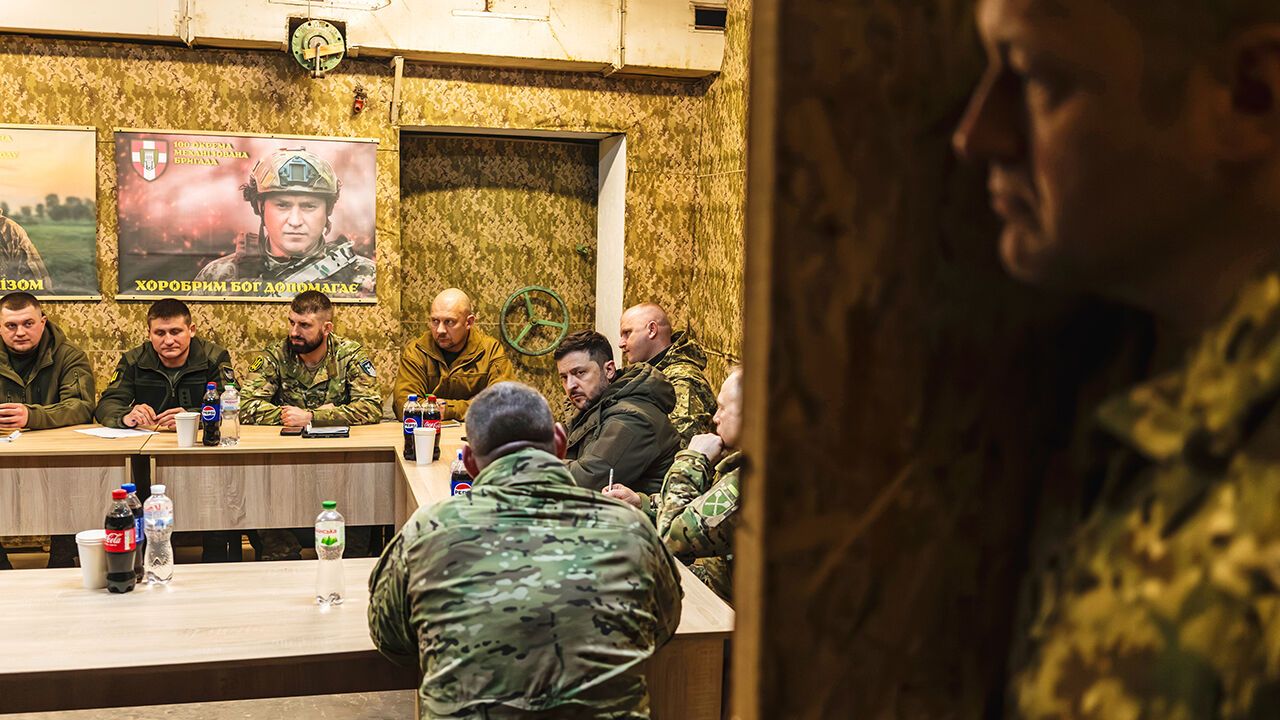 Ukraine's President Volodymyr Zelensky attends a military briefing in Ukraine.