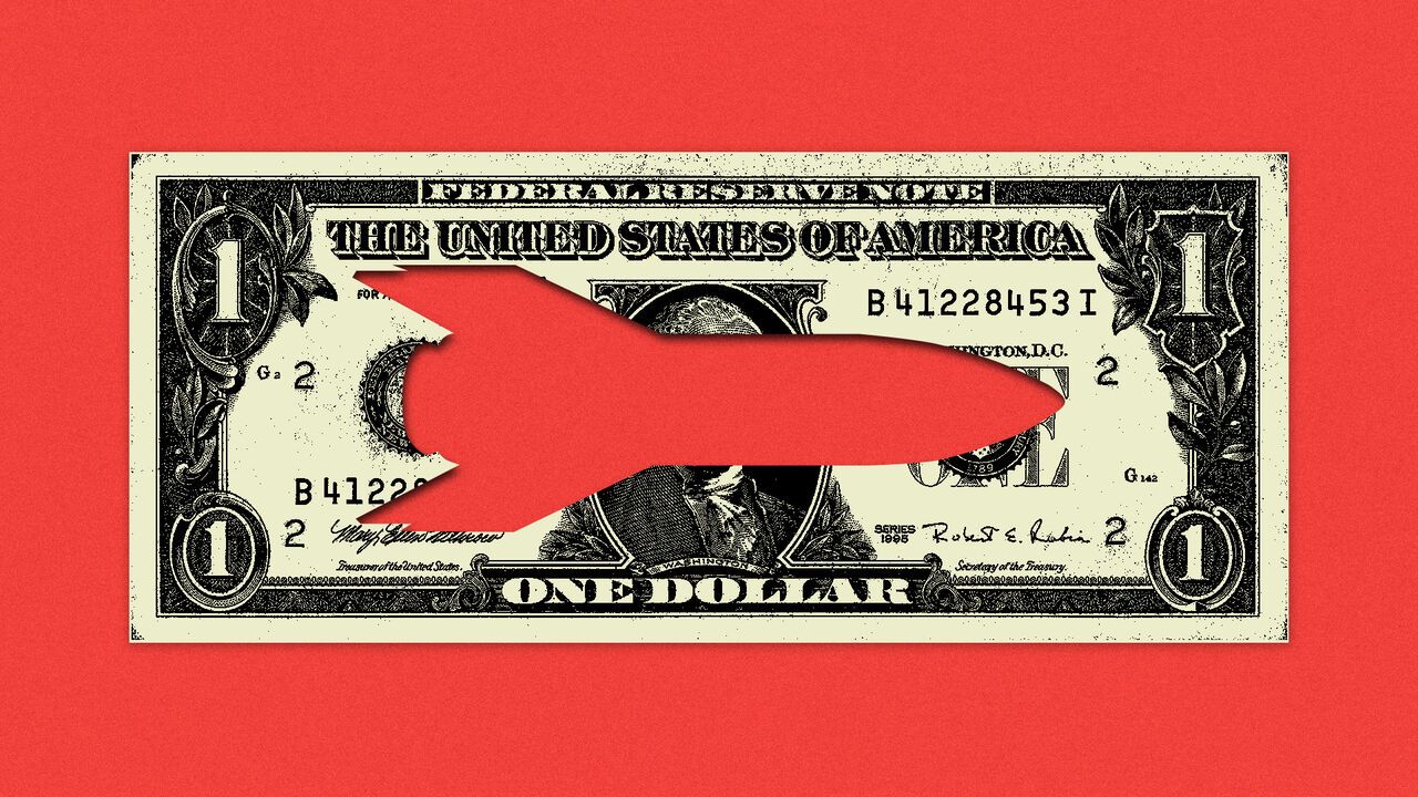 Illustration of a one dollar note with a rocket cut out of it