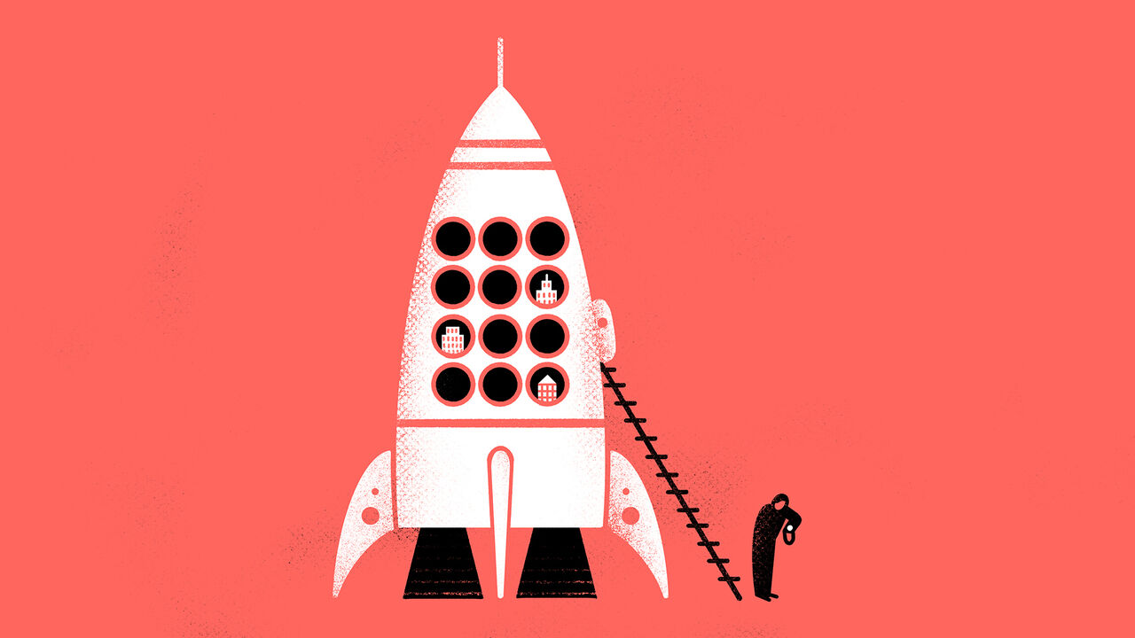 A white rocket with building-filled windows, a ladder, and a man at the bottom of the ladder checking his watch