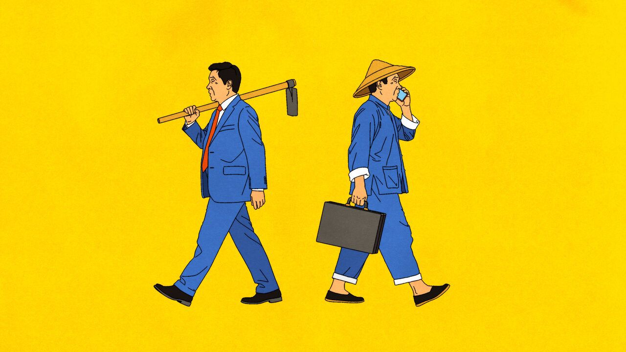 Illustration of a Chinese businessman walking right carrying a hoe over his shoulder and a Chinese farmer carrying a briefcase and a smartphone