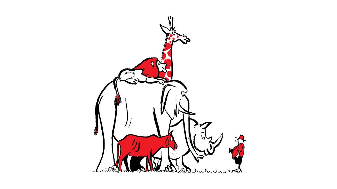 An illustration of a bunch of safari animals piled together standing in front of a tourist