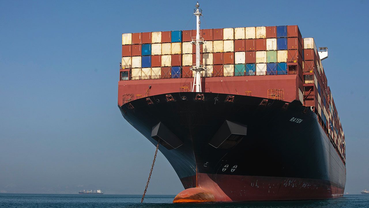 An Iranian-flagged cargo vessel anchored in the Strait of Hormuz.