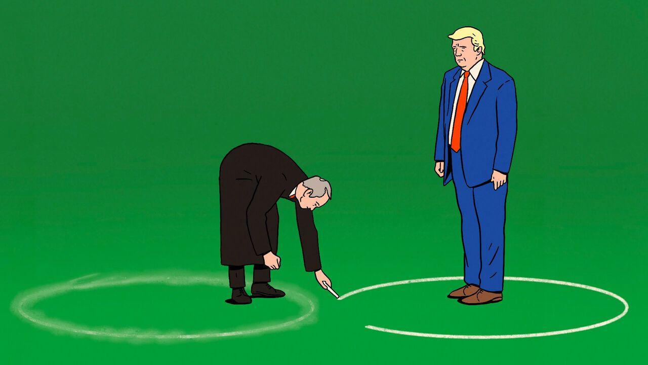 An illustration of Donald Trump standing in a circle being drawn on the ground by John Roberts, Chief Justice of the United States. To the left is evidence of a circle that has been rubbed out.