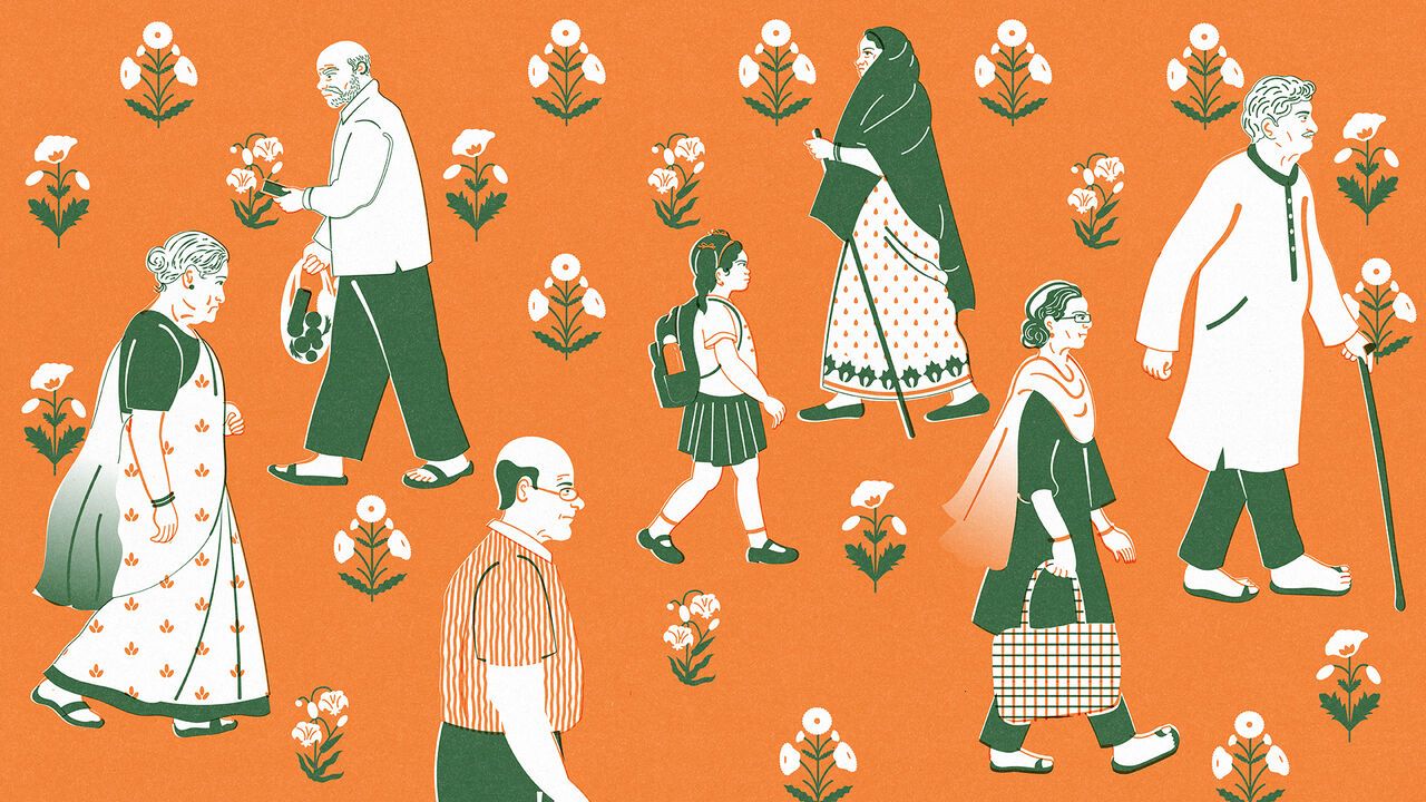 A girl in school uniform walking alone, surrounded by elderly figures passing by — symbolising low birth rates and an ageing population in India.