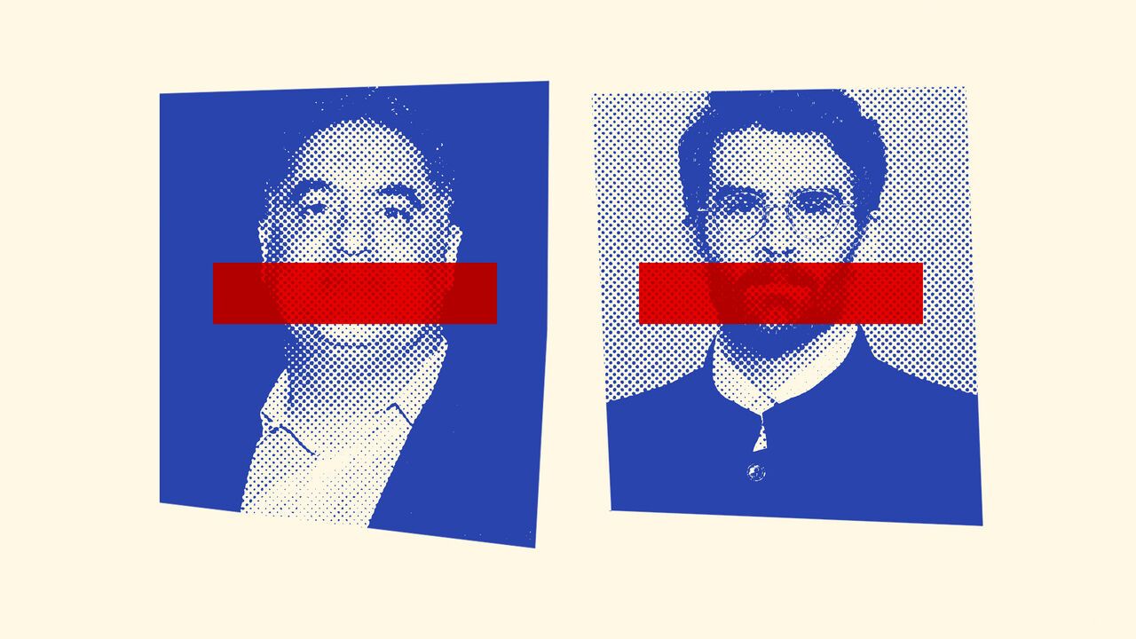 Photomontage of Cenk Uygur and Hassan Piker with red tape on their mouths.