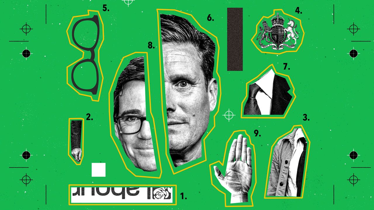 Illustration of a 'kit' to make a Labour candidate, with pictures of Starmer and Burnham.