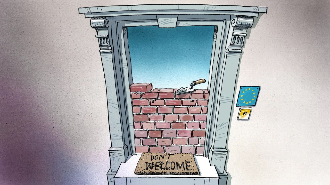 A doorway being bricked over with a welcome mat that's been drawn over and crossed out to say "don't come"