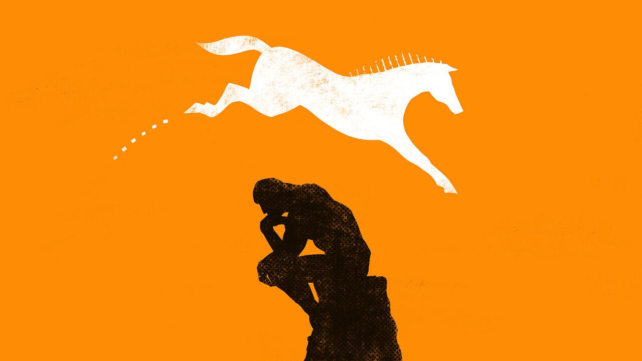 Illustration of a horse jumping over the statue of the thinker