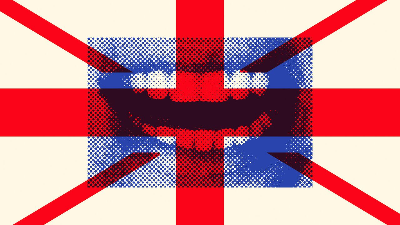 Photomontage of a mouth with the red cross of the british flag over it. 