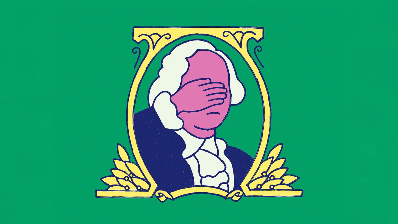 Illustration of the familiar figure from a U.S. dollar bill portrait covering their face with one hand inside an ornate frame, set against a green background. 