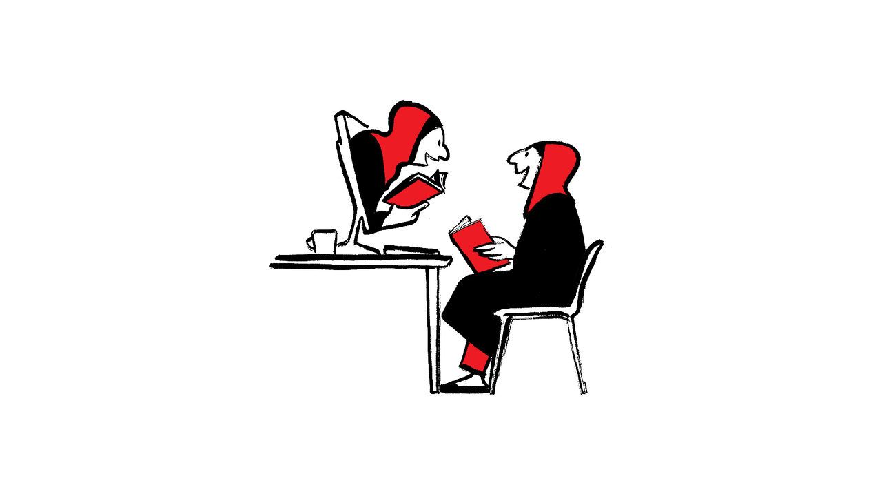 An illustration of a woman reading a book at her desk smiling at a woman who looks similar to her that is coming out of her laptop screen