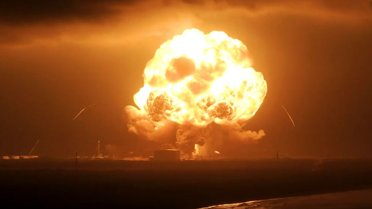 This screen grab shows fire as the uncrewed Blue Origin's New Glenn rocket explodes during a test on a launchpad at Cape Canaveral Space Force Station