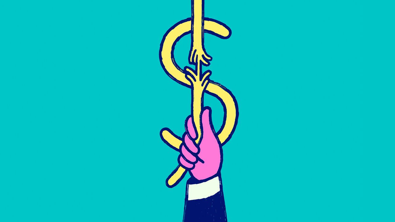 Illustration of a hand gripping a twisting golden dollar-sign-shaped rope against a blue background