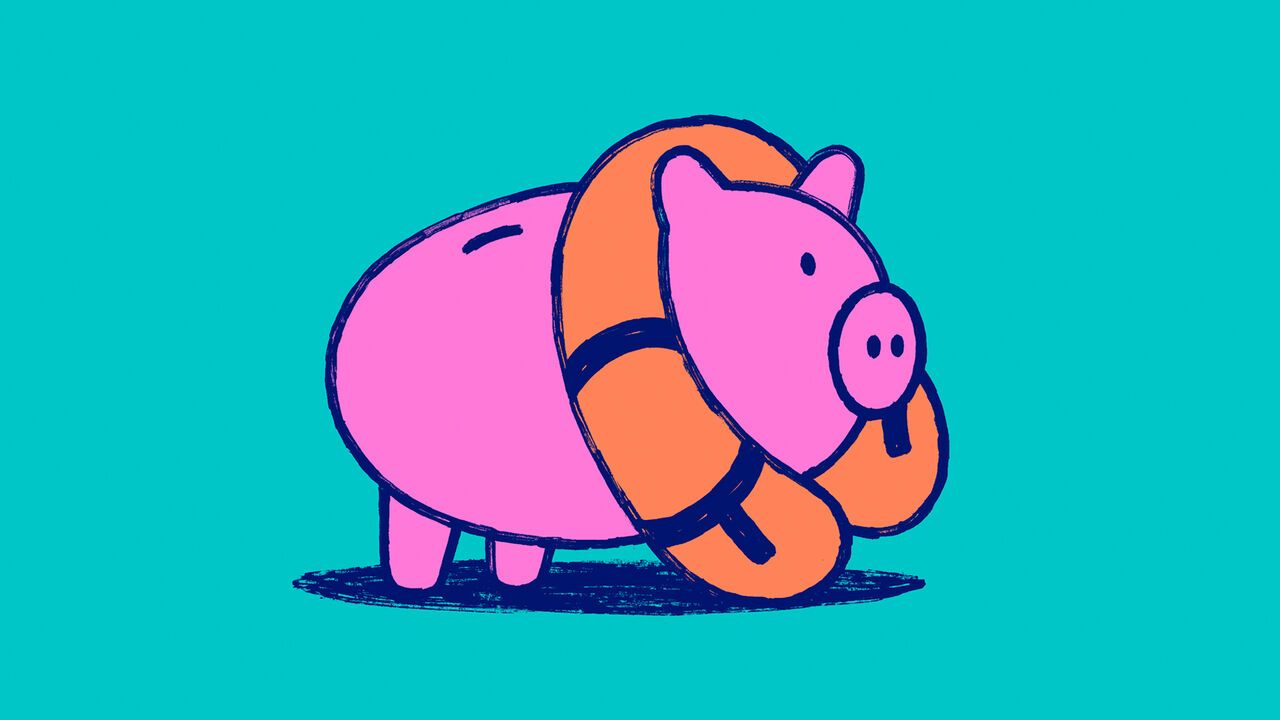 illustration of a pink piggy bank wearing an orange life saver jacket against a bright blue backgroun