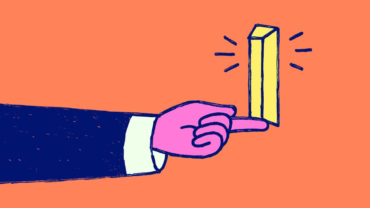 Illustration of a purple hand balancing a glowing gold bar on one finger against an orange background