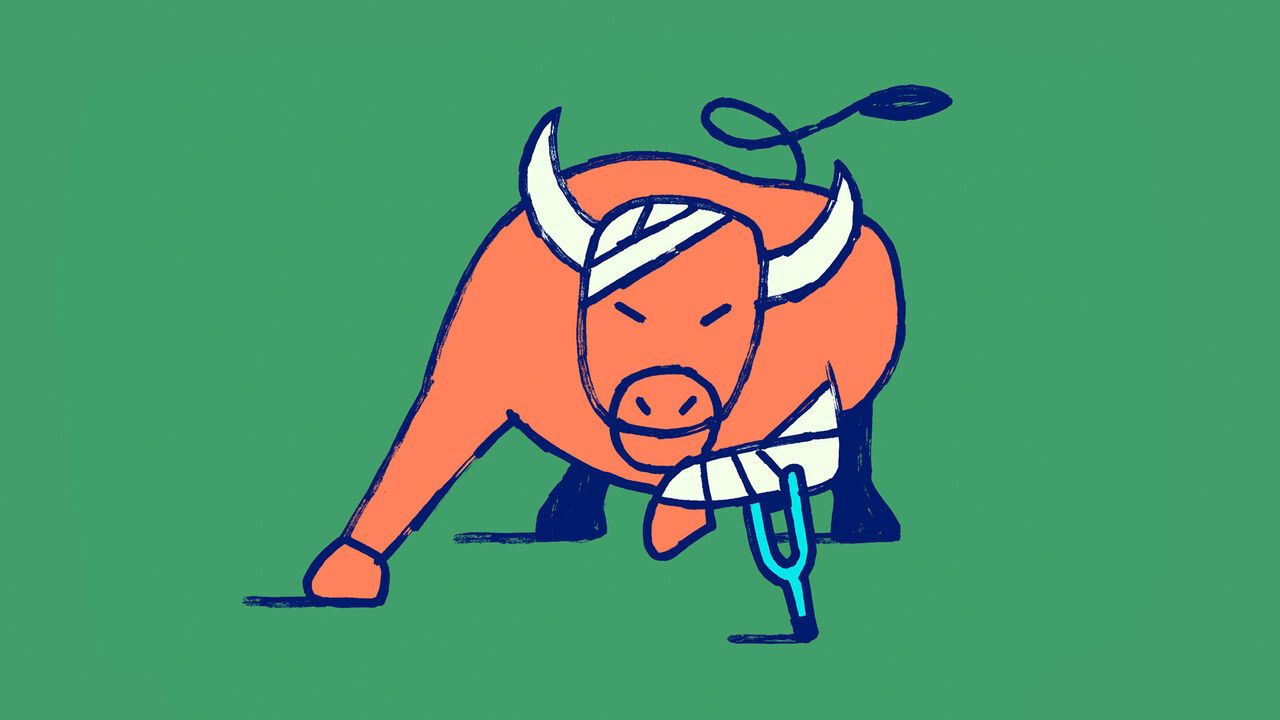 Illustration of an injured bull with bandages and a crutch, standing on a green background