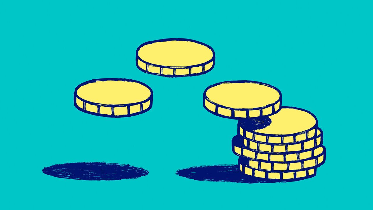 Illustration of stacked gold coins with a few coins floating above on a blue background