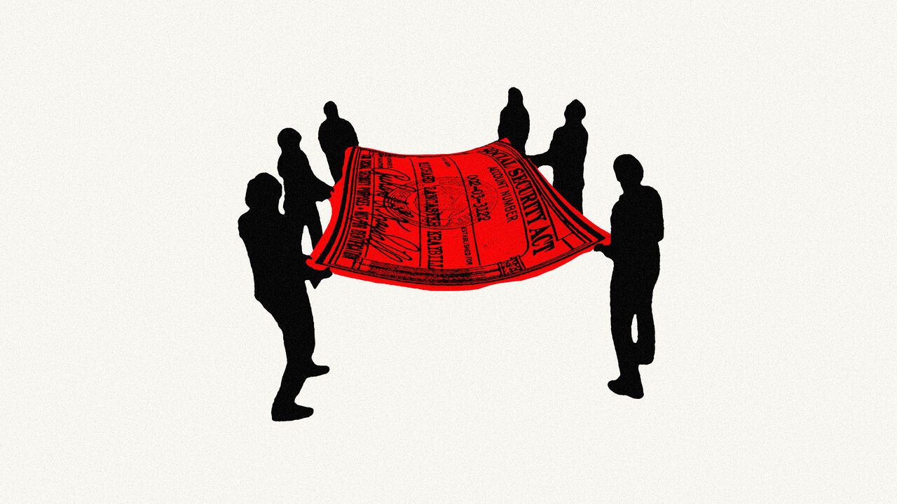 An illustration of a group of silhouetted people holding out a large red secutiry cheque like a safety net.