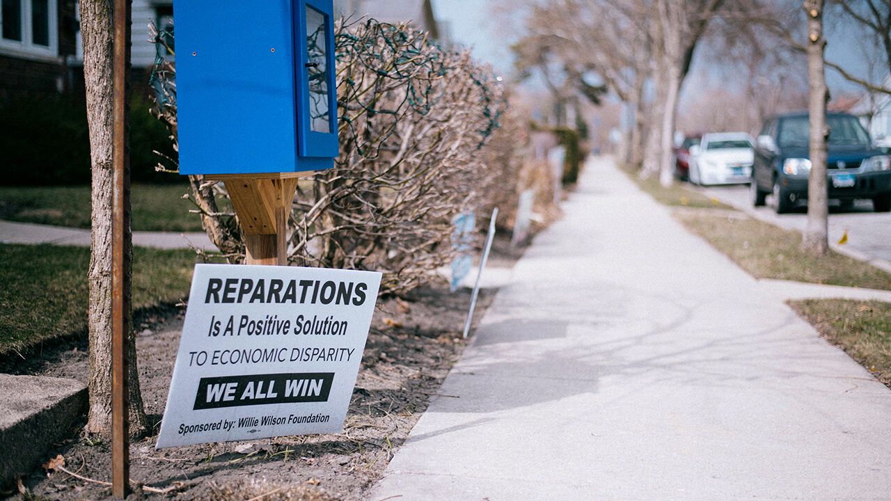 Posters caling for reparations in Evanston, Illinois