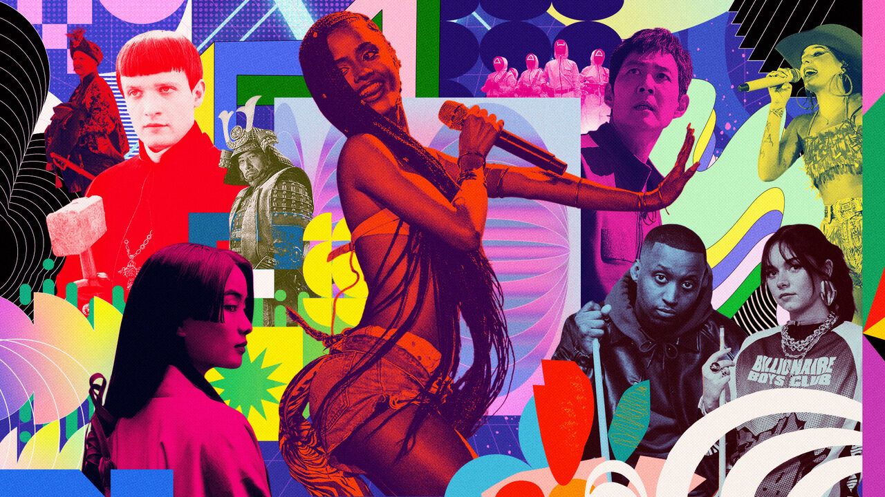 Photo collage featuring South African singer Tyla, Brazilian singer Ana Castela, Danish musicians OMAR and Mumie, the Polish TV series 1670, the Korean TV series Squid Game, and the Japanese TV series Shōgun.