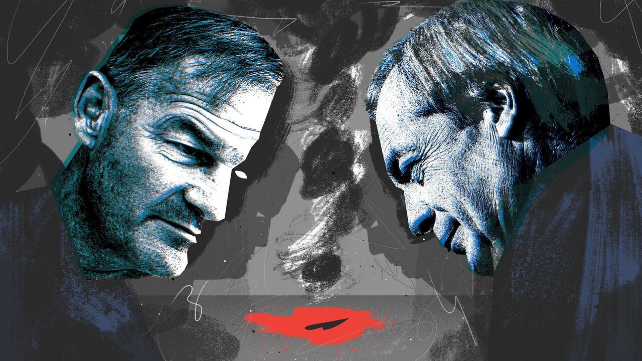 Collage of Lowe and Farage over a pool of blood with a knife in it. Some smoke is in the background.