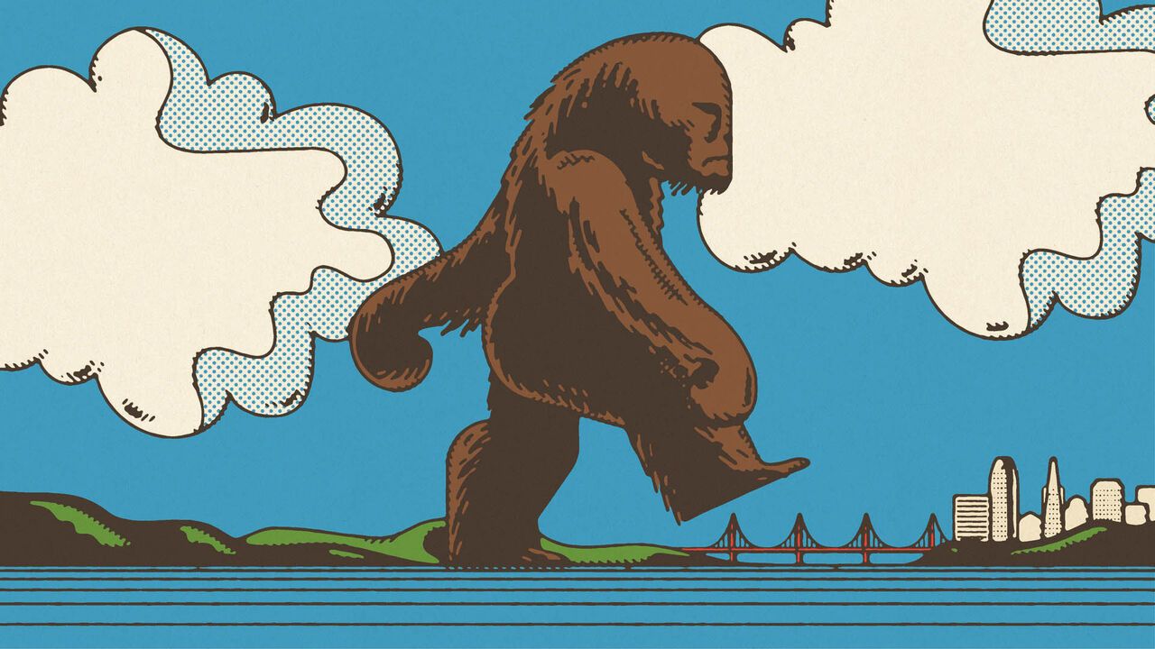 A stylized illustration of Bigfoot walking near a city skyline and bridge. It contrasts a mythical creature with a modern urban setting, highlighting the legend's larger-than-life presence.
