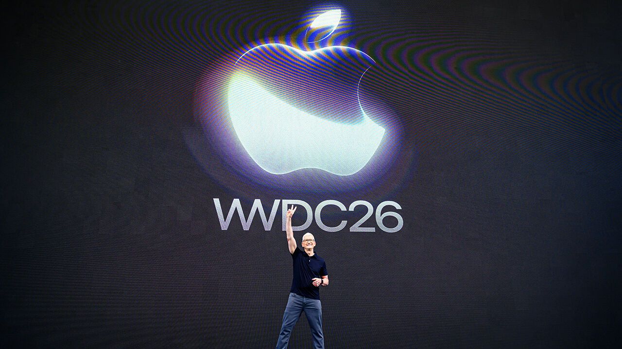 Apple CEO Tim Cook gestures the peace sign during his final Apple Worldwide Developers Conference.