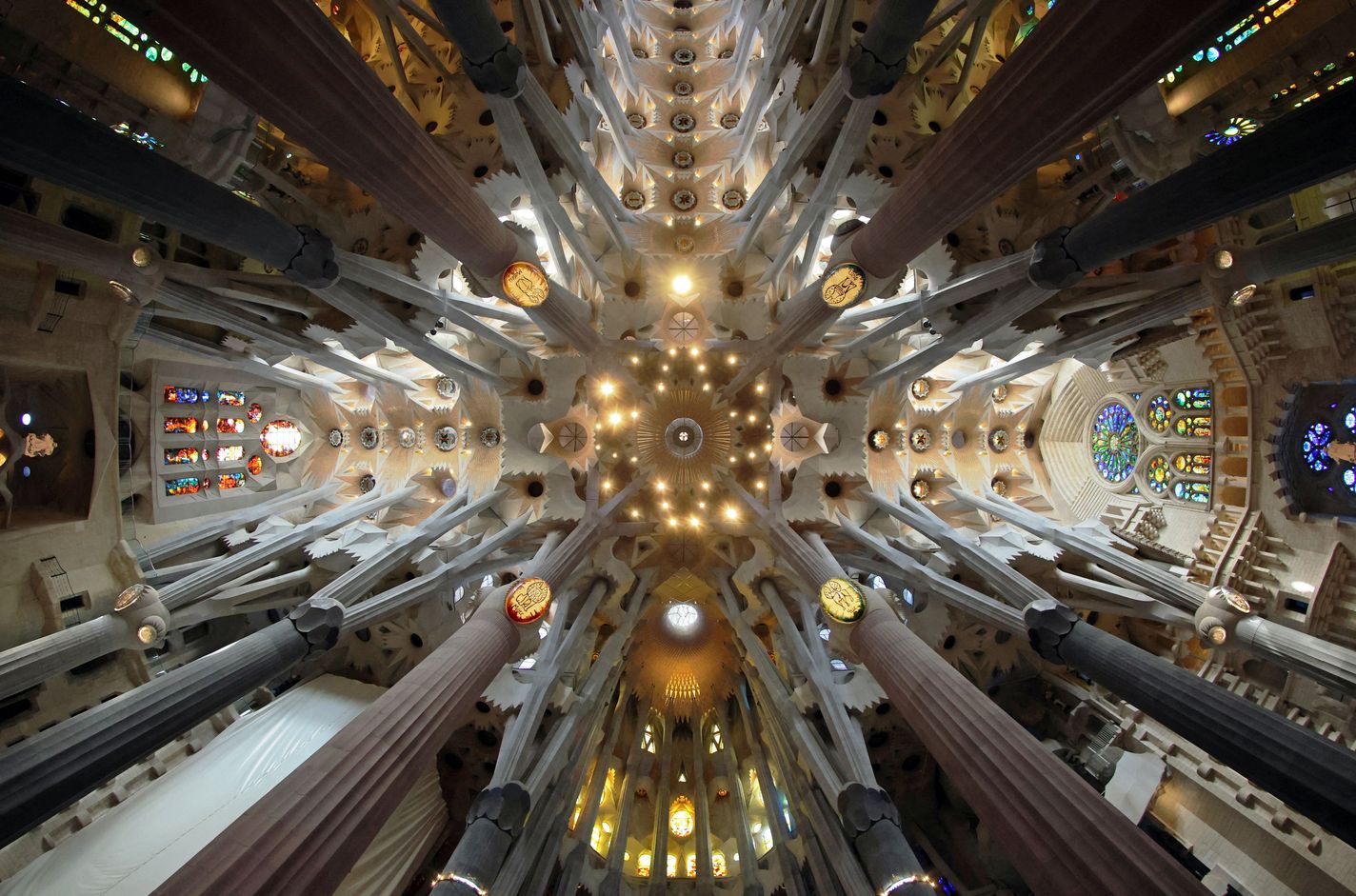 This view of the Sagrada Familia basilica taken with a fisheye lens shows the ceiling and columns of the nave in Barcelona.