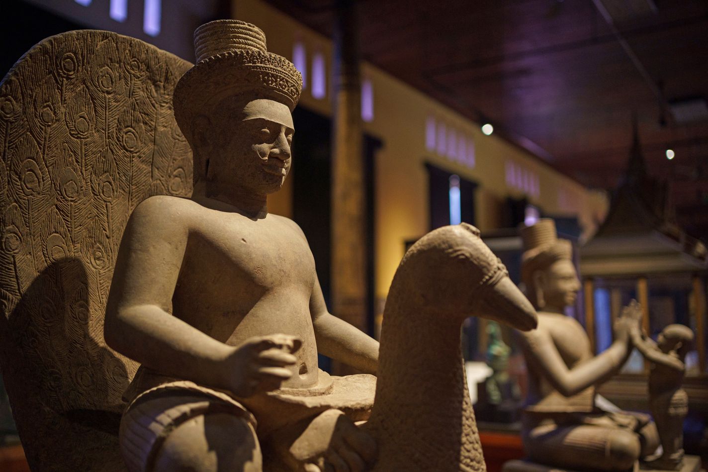 View of the statue of Skanda on Peacock, now on display at the National Museum in Phnom Penh. The statue was stolen from the Prasat Krachap temple at Koh Ker, and sold by antiquities dealer Douglas Latchford.