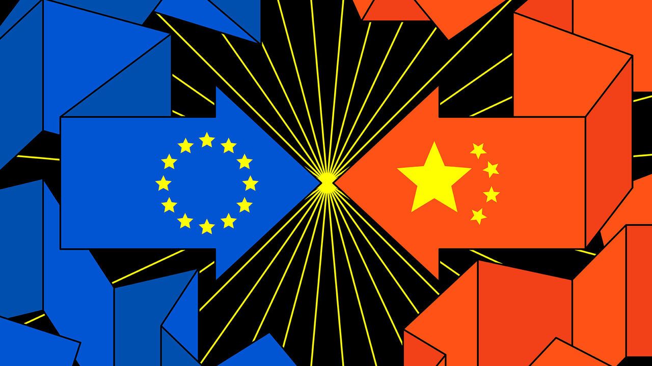 Red and blue tangled arrowd bearing the EU flag and China flag stars that are facing off in the centre