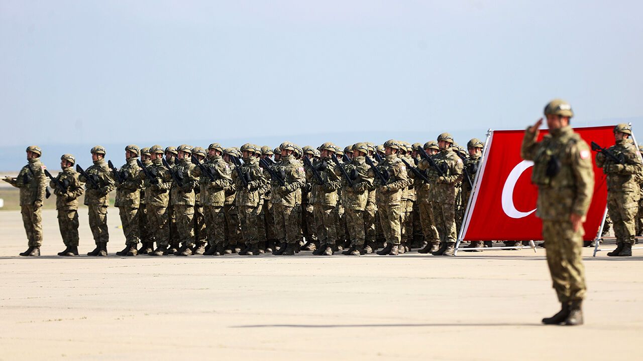 Troops of the 66th Mechanized Infantry Brigade Command are seen during a send-off ceremony in Turkiye