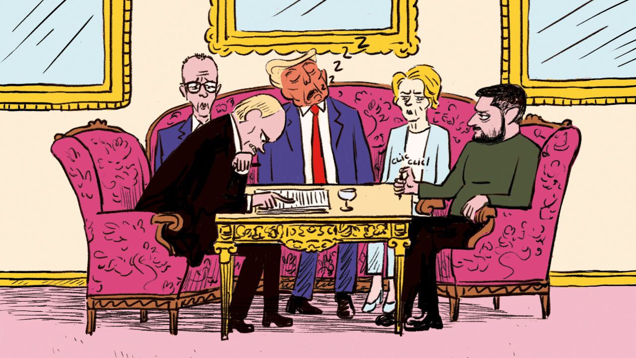 World leaders sat around a table. Putin looks frustrated, Zelesnky clicking his pen smugly, and Trump falling asleep