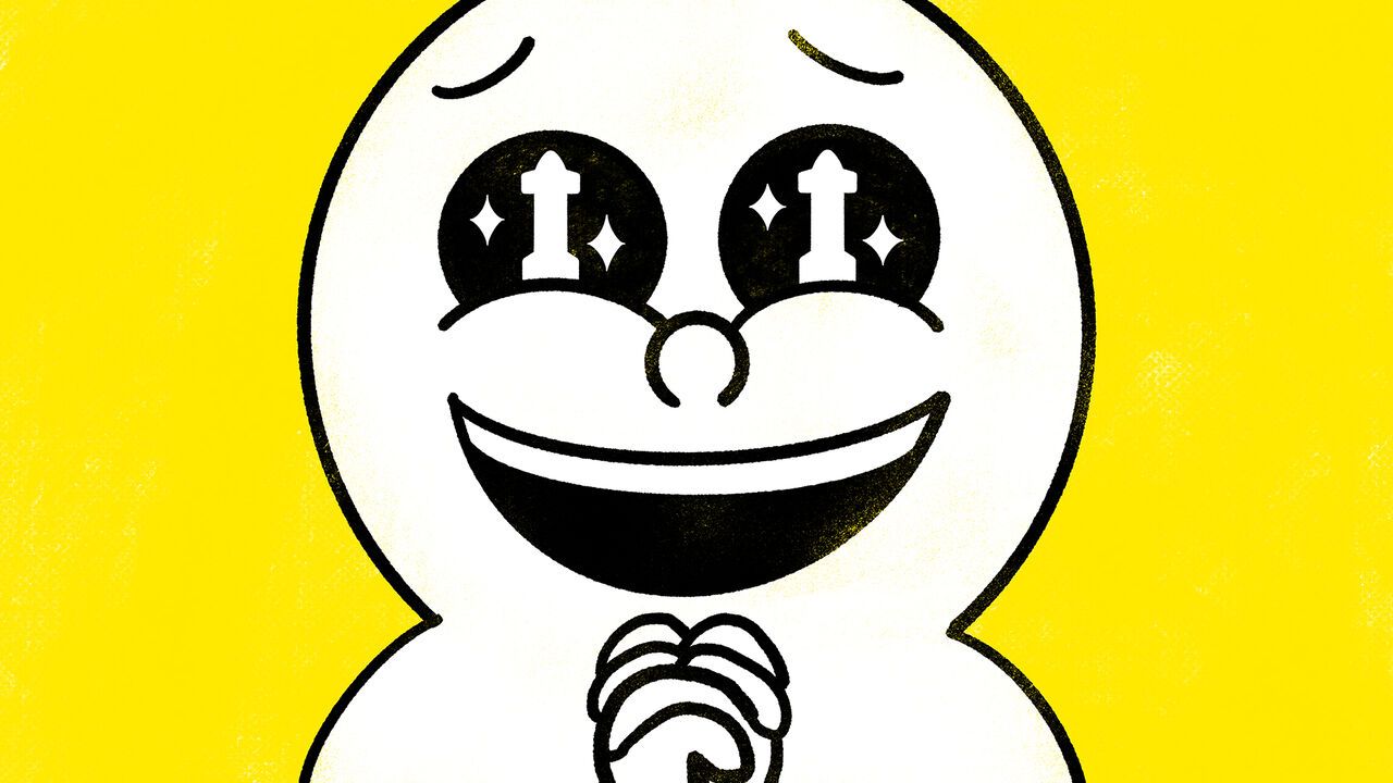 Illustration of a happy face with clasped hands with rockets in its eyes