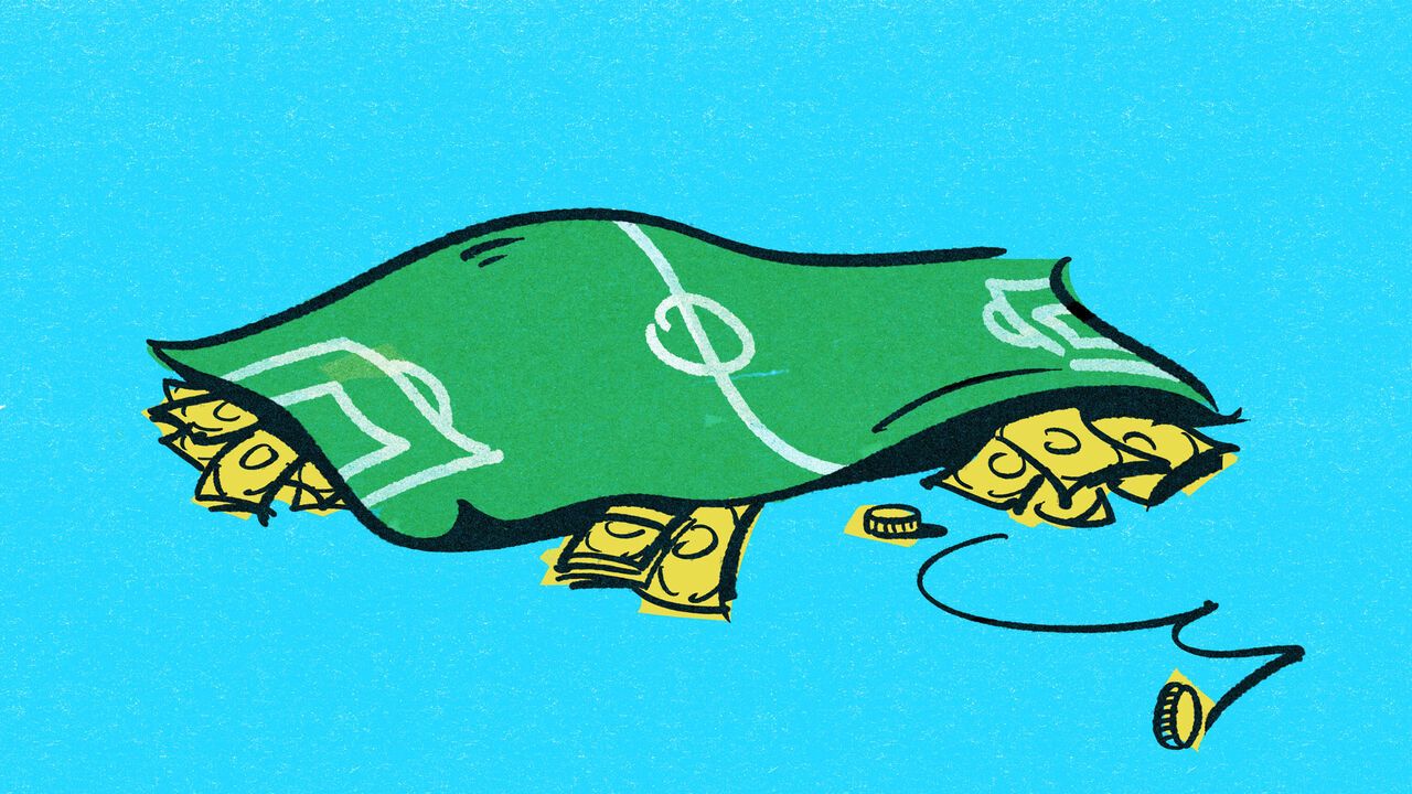 Illustration of a rug that looks like a football pitch with money stuffed underneath it