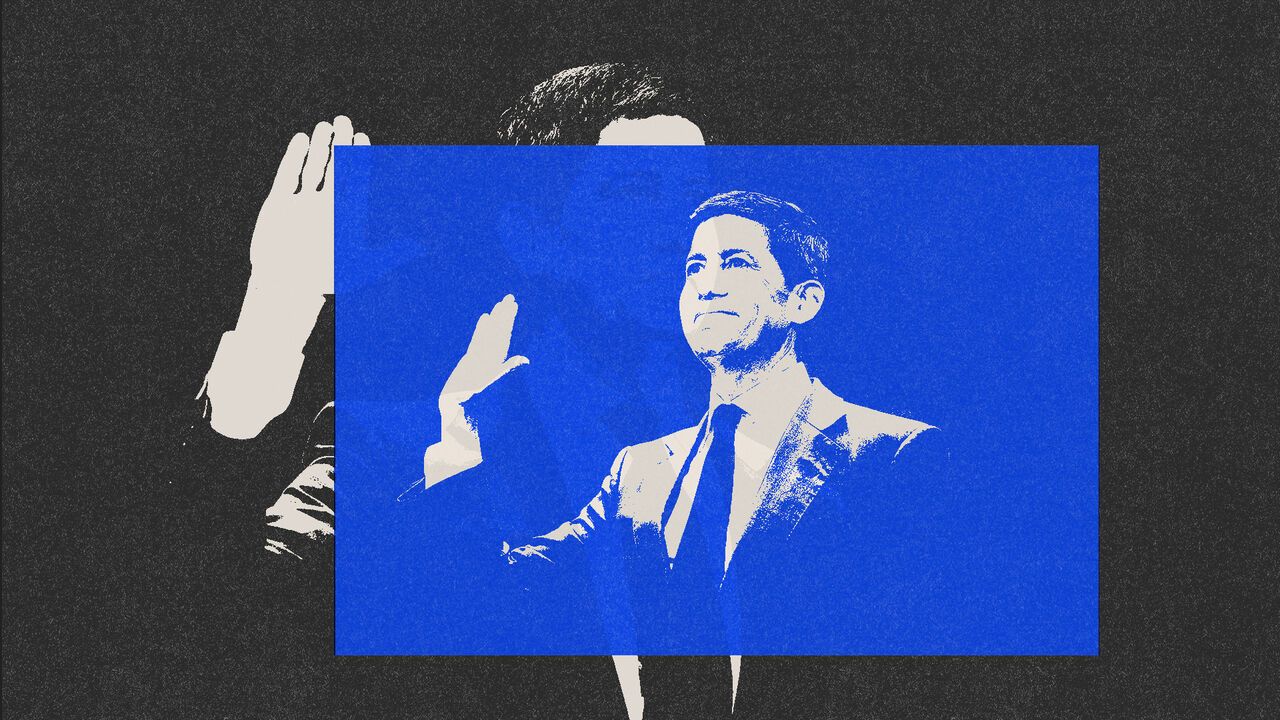 Photomontage of Kevin Warsh with red and black squares.
