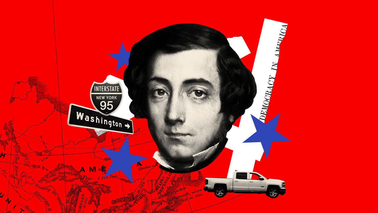 Collage of De Tocqueville on a red background, with a map of the United States and blue stars.