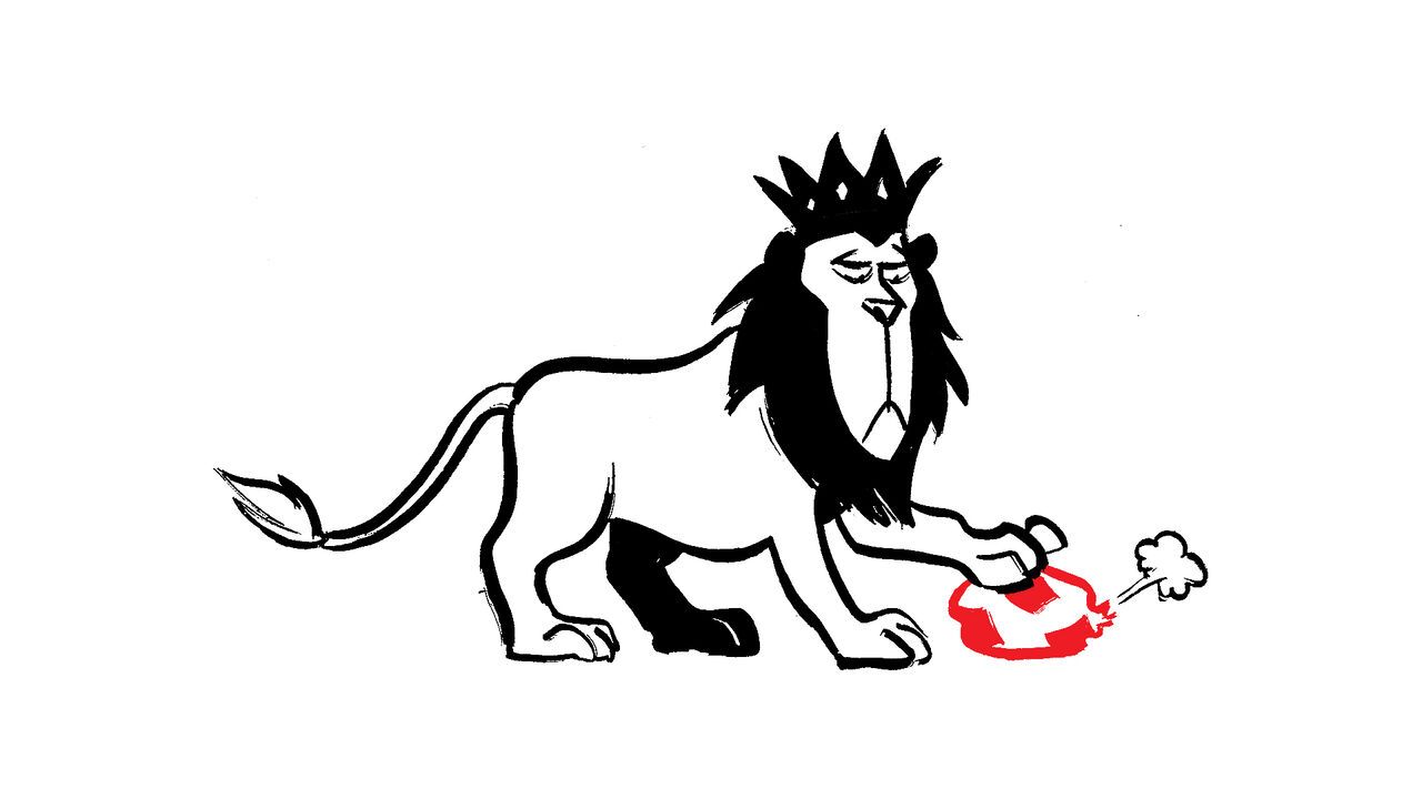 An illustration of a lion with a crown on, stepping on a deflaated football 