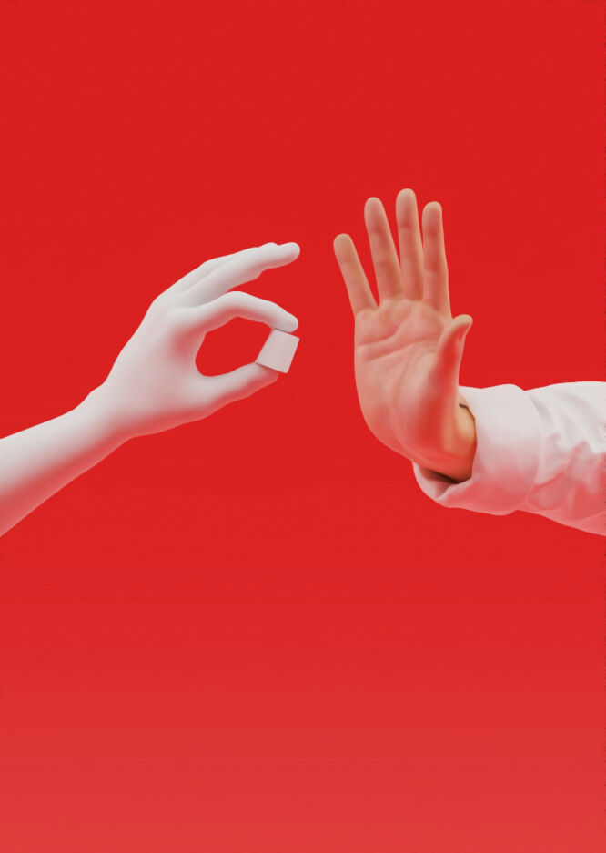 Illustration of human hand stopping AI hand that carries a small circuit piece.
