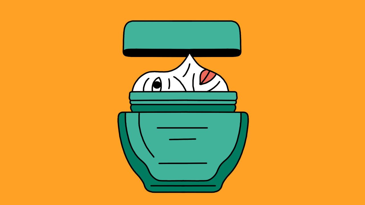illustration of a wrinkled face emerging from an open anti-ageing cream jar on an orange background.