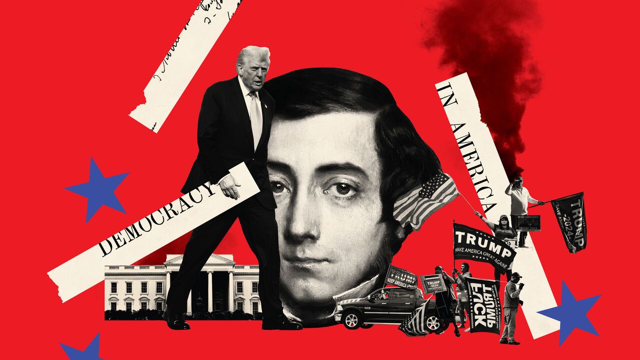 A photo collage featuring a portrait of Alexis de Tocqueville, Donald Trump, the White House, and a crowd of MAGA supporters, illustrating the contrast between Tocqueville's observations of American democracy and contemporary American politics.