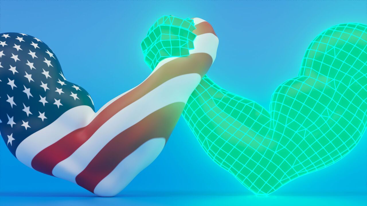 An illustration of an arm-wrestling match between the United States and AI, representing the growing struggle for control, influence, and power over frontier artificial intelligence.