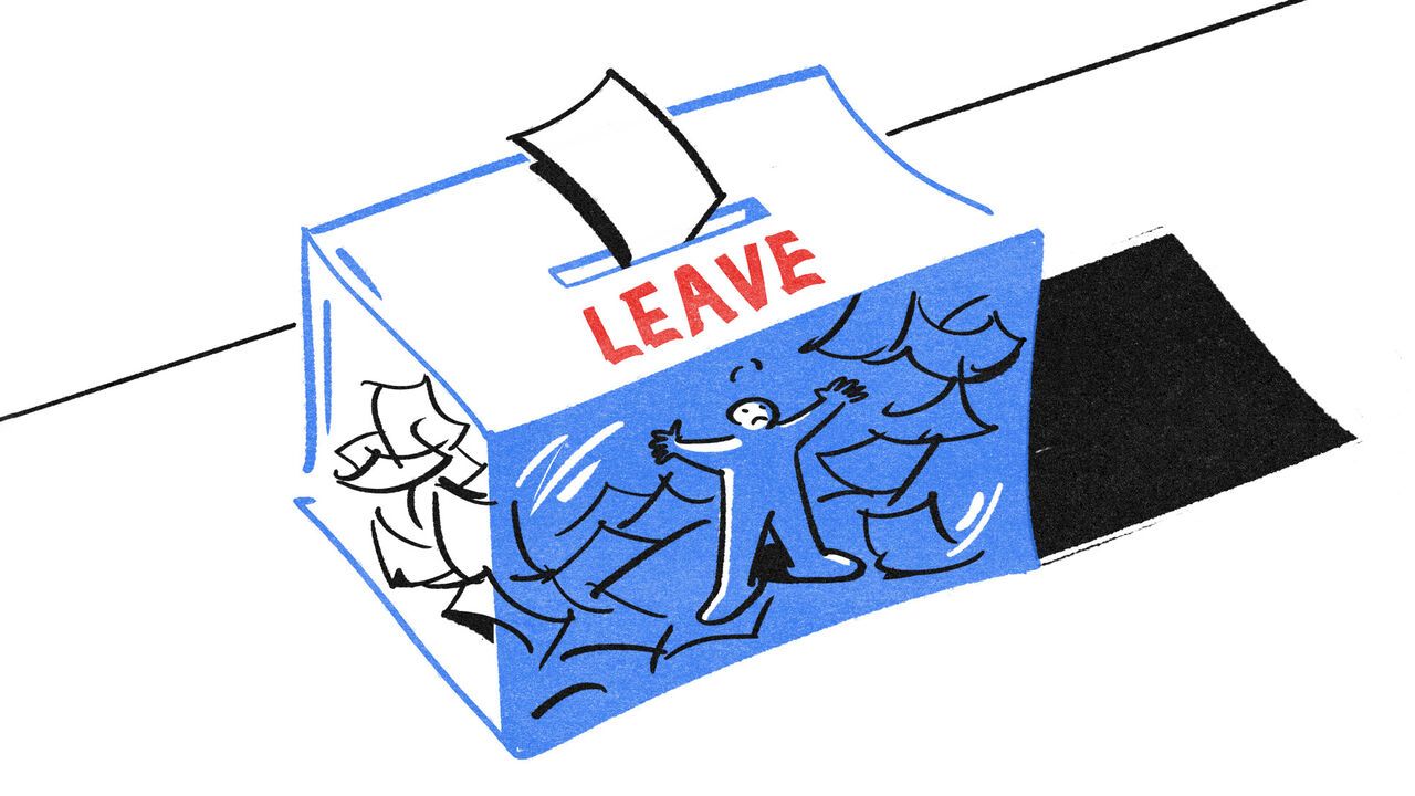 Illustration of a ballot box with LEAVE written on it. A person is trapped in it, looking sad.