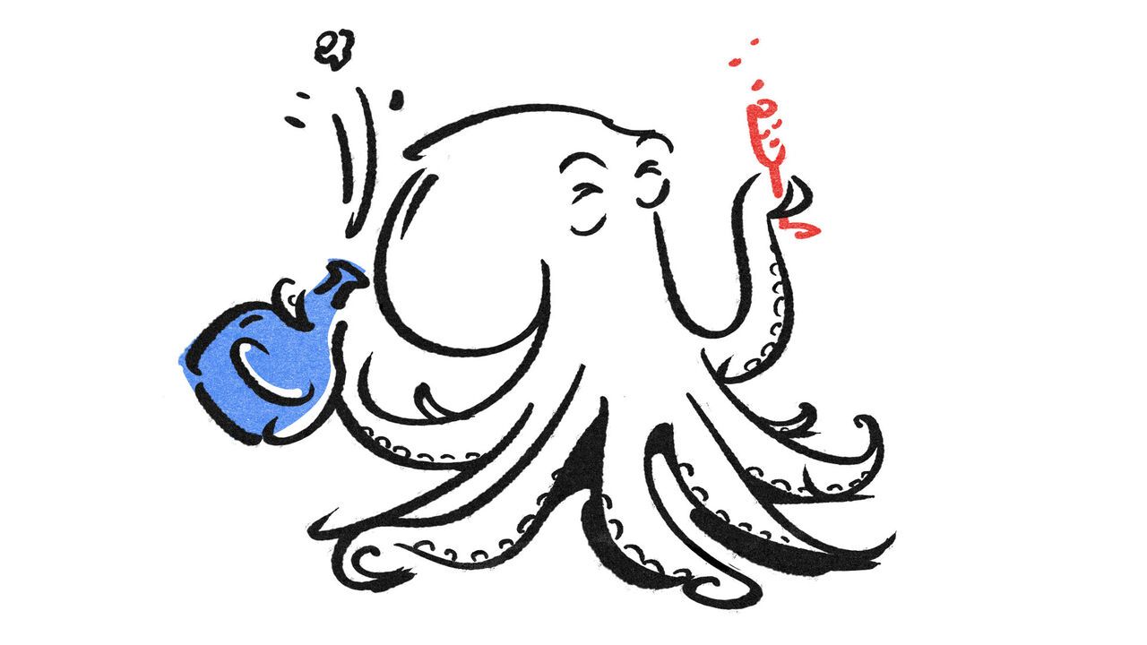 Illustration of an octopus celebrating with champagne.