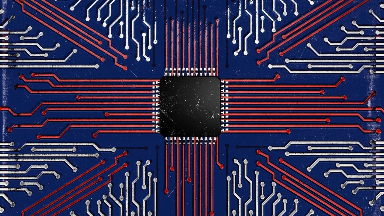 A photomontage of the Union Jack made of a microchip and a circuit board.