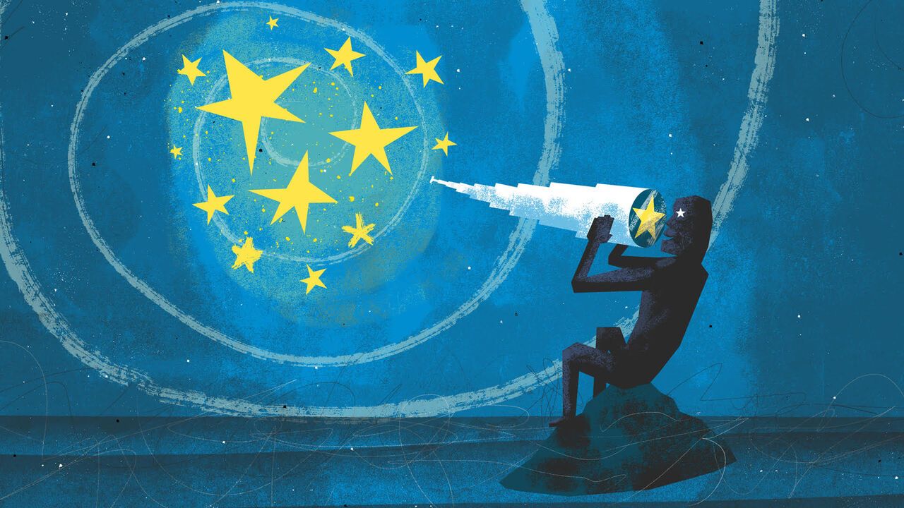 Illustration of someone looking at the stars through a backward telescope.