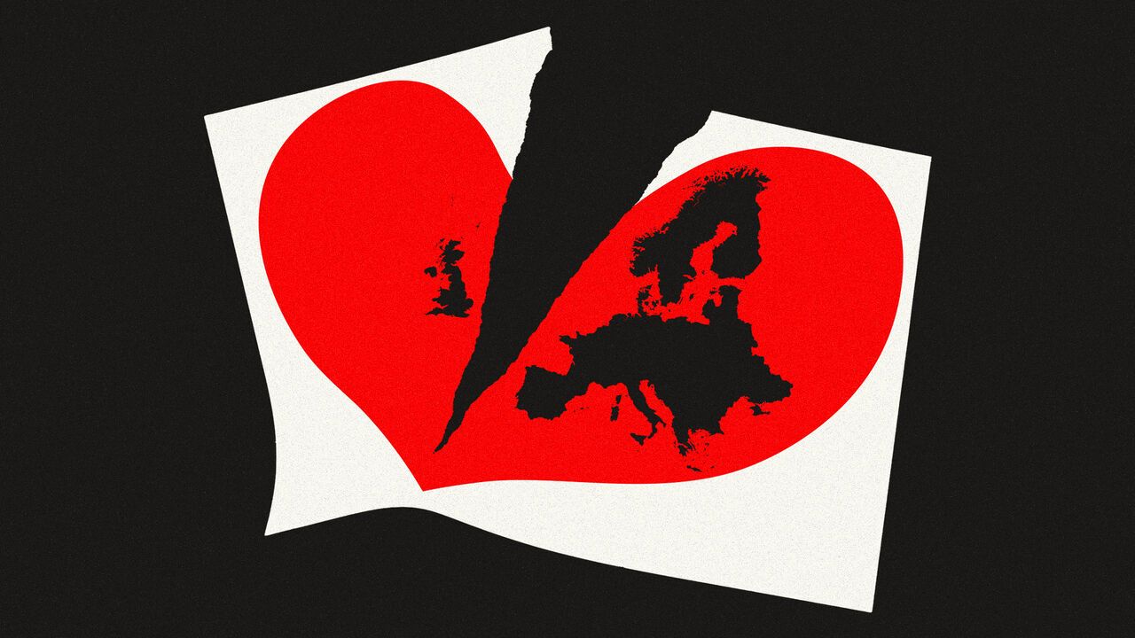 Paper heart containing a map of Europe being torn in half. On the left is UK and on the right is the rest of Europe