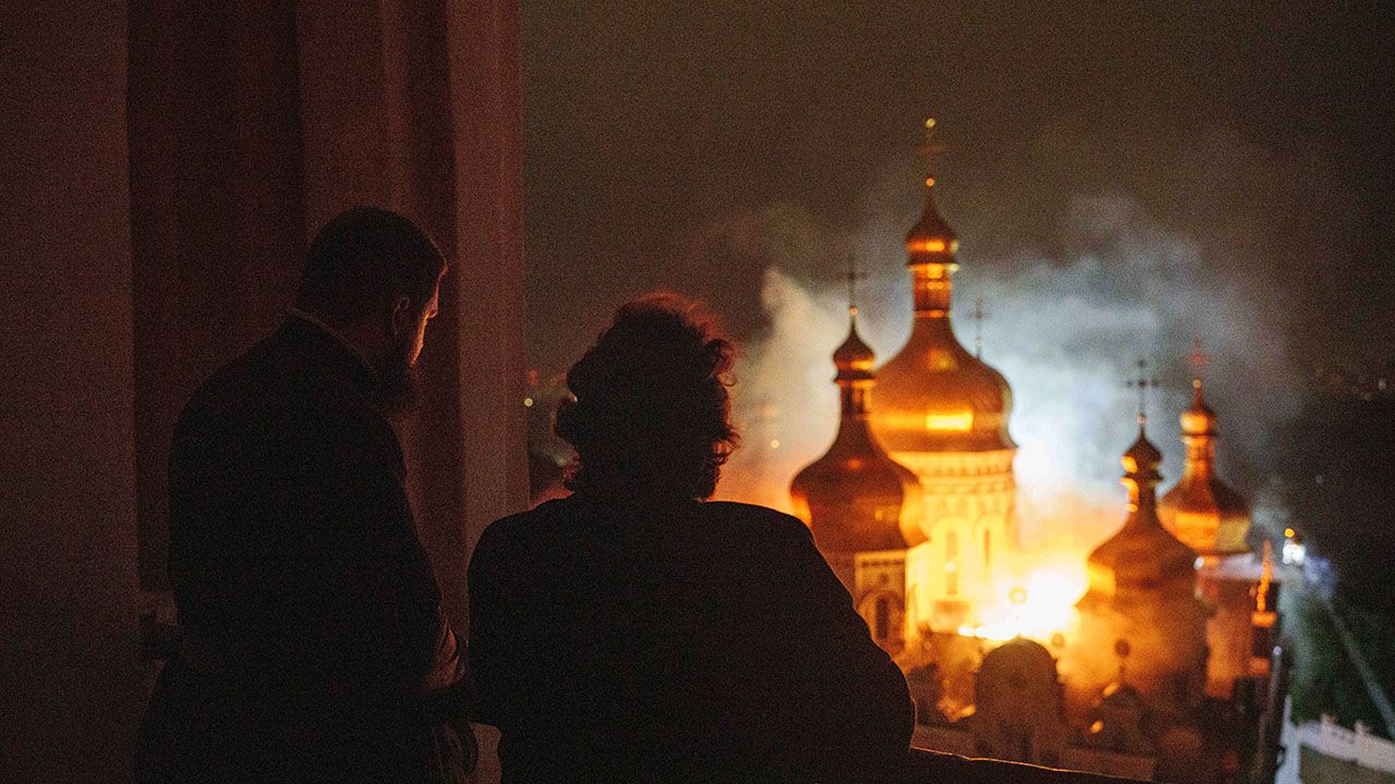 The Dormition Cathedral of Kyiv-Pechersk Lavra in flames after being hit by a Russian strike.