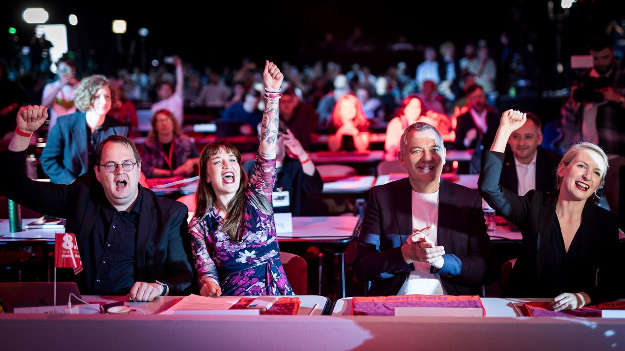 Soeren Pellmann, Heidi Reichinnek, Jan van Aken, during a party conference.