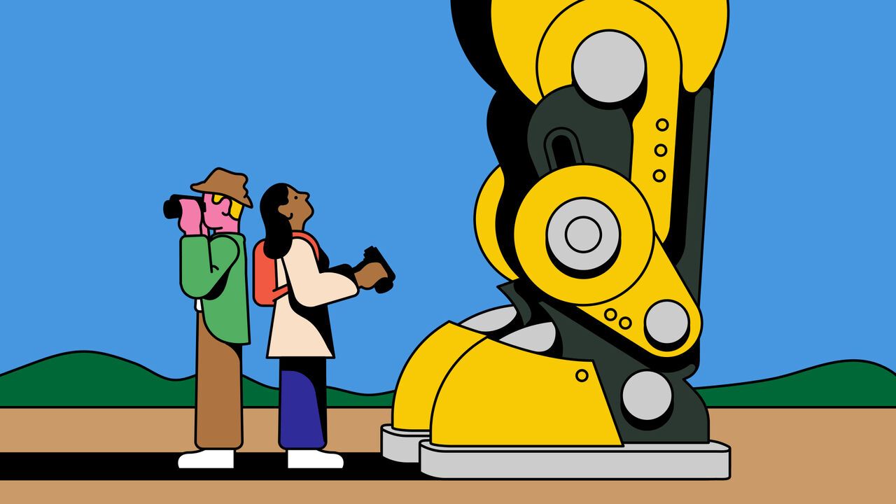 Illustration of two people with binoculars, one is looking through theirs out into the distance, the other has put theirs down and is looking up at a giant robot stood directly in front of them