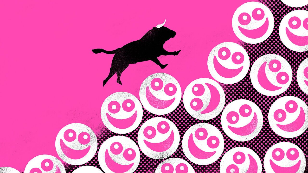 Illustration of a bull climbing a mountain of smiley faces